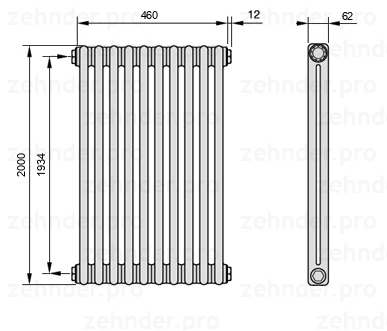 Схема (чертеж) Радиатор Zehnder Charleston 2200/10 №1270 Белый глянцевый RAL 9016